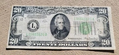 1934 ~ FEDERAL RESERVE BANK NOTE ~ TWENTY DOLLAR ~ L09885620A ~ SAN FRANCISCO  - Image 1 of 4