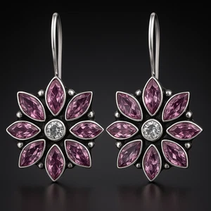 "Vintage Sterling Silver Pink Gemstone Flower Earrings Handmade Boho Jewelry" - Picture 1 of 5