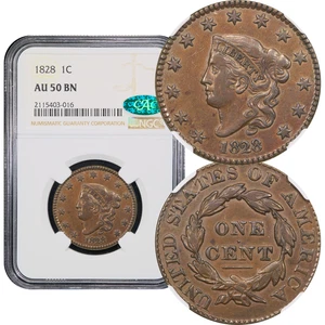 1828 Coronet Large Cent 1c N-5 NGC AU50 BN CAC - Picture 1 of 5