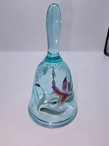 Fenton GLASS BELL Aqua Blue W/ HAND PAINTED FLOWERS 4" Artist Signed B Williams - Picture 1 of 6