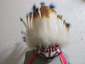 NATIVE AMERICAN BEADED CHIEFTAN HEADRESS BEADWORK 23 INCHES AROUND REAL FEATHER - Picture 1 of 7