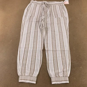 Per Se Women's Large Khaki White Thin Stripe Pull On Drawstring Linen Jogger NWT - Picture 1 of 9