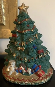 Vintage Cast Iron Merry Christmas Tree Door Stop Painted - Picture 1 of 10