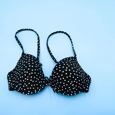Bikini Top Victorias Secret 32D Negro Lunares Con Aros Corbata Acolchada Traje de Baño Foto 1 de 4