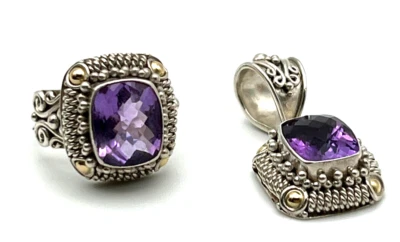 Suarti Indonesia Sterling Silver 925 BA 18K Gold Accent Amethyst Ring & pendant Foto 1 de 4