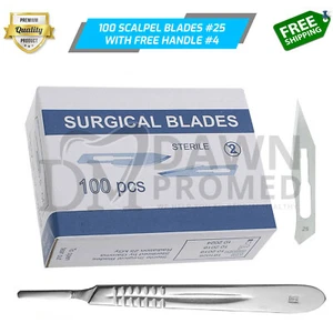 100 Sterile Surgical Blades #25 FREE BP Scalpel Handle #4 Medical EMS German Gr - Picture 1 of 6