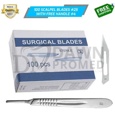100 Sterile Surgical Blades #25 FREE BP Scalpel Handle #4 Medical EMS German Gr - Image 1 of 4