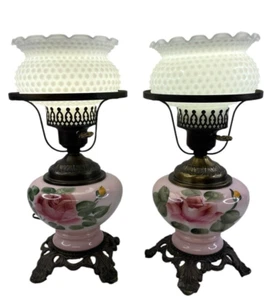 Set of 2 Gone With The Wind Style Hand Painted 14.5" Lamps with Hobnail Shades - Picture 1 of 9