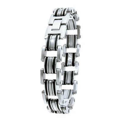 美国,黑色橡胶银链环男式酷不锈钢手镯手链 — 第 1/2 张图片