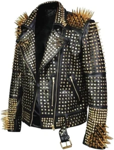 Men Black Leather Jacket with Golden Spikes, Studded and Spiked Leather Jacket - Picture 1 of 4