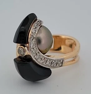 14k Yellow Gold Diamond Pearl Onyx Gold Ring Large 15g - Picture 1 of 13