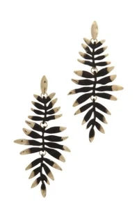 METAL TROPICAL LEAF DROP EARRING BLACK AND GOLD - Picture 1 of 2