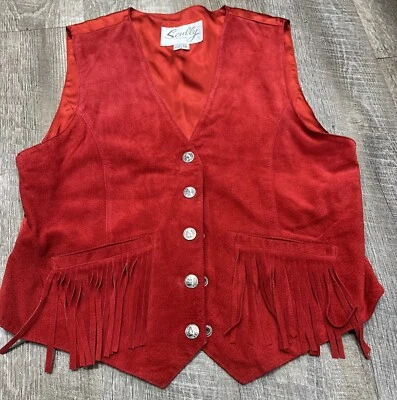 Chaleco Scully Vintage Gamuza Cuero Flecos ROJO Cabeza India Botones Broches de presión talla 12 Foto 1 de 4