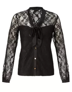 Lipsy Black Lace Blouse Shirt 10 Pussy bow Long sleeve Top Lace Sexy Work Office - Picture 1 of 16