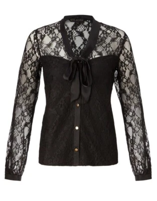 Lipsy Black Lace Blouse Shirt 10 Pussy bow Long sleeve Top Lace Sexy Work Xmas - Image 1 of 4