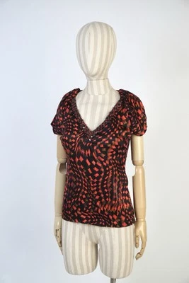 Blusa Top ETRO Seda Cuello en V Cuentas Escote Multicolor Rojo Geométrico Talla 42 Foto 1 de 4