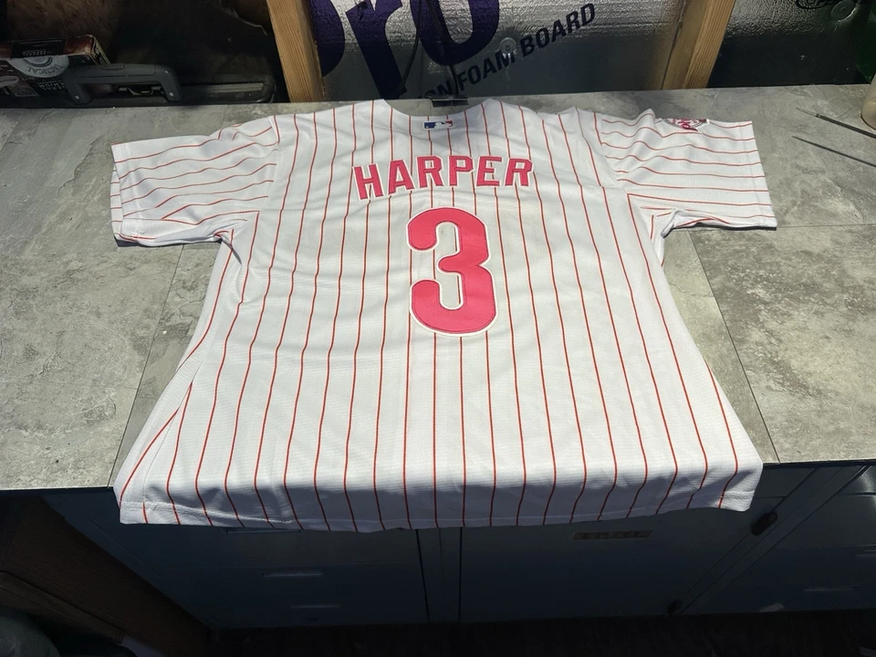 NWT Women’s Ladies Nike Bryce Harper Phillies Home Pink Pinstripe Jersey XLarge - Image 1 of 3