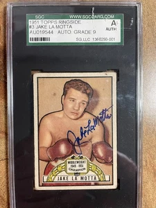 JAKE LAMOTTA RAGING BULL SIGNIERT 1951 TOPPS RINGSIDE RC #3 SGC AUTO GRADE 9 - Bild 1 von 4