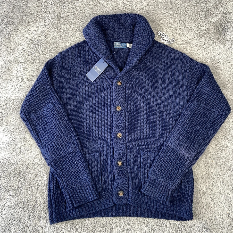 $398 Polo Ralph Lauren Envejecido Lino-Algodón Chal Cárdigan Talla Mediana Hombres Azul Marino Foto 1 de 4