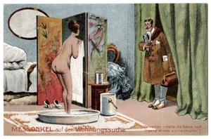 1910 Artist Illustrated Naked Woman Bathing in Tub, Man Walks in on Her - Picture 1 of 2