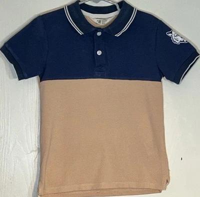 H&M Little Boy 6x Top Polo Collar Navy Blue/Peach Short Sleeve Buttons Tiger EUC - Image 1 of 4