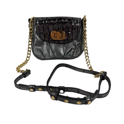 Badgley Mischka Gray Croc Embossed Leather Mini Crossbody w/ Gold Tone Hardware - Image 1 of 4