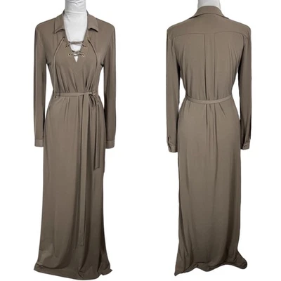 NEW Calvin Klein Long Sleeve Maxi Dress Size 10 Fitted Jersey Belted Lace Up Y2K - Image 1 of 4