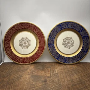 Ovington's Edgerton Porzellan blau/burgund gold verkrustet Speiseteller (Set-2) - Bild 1 von 11