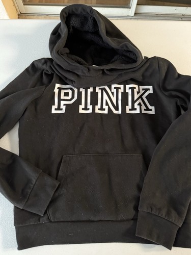UNDERCOVER Victoria’s Secret ROSA Nero Piccolo Pullover Felpa con Cappuccio Foderato Sherpa