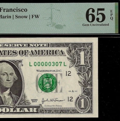 2003A $1 Federal Reserve Note PMG 65EPQ wanted low serial number birthday 307 - Image 1 of 3