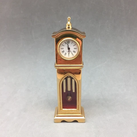 Grandfather Clock Miniature Brass Quartz New Battery WORKS Desk Dollhouse 4 1/4" Cover