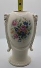 Vintage Floral Pink Rose White Vase, Draped Ribbon Handled Urn