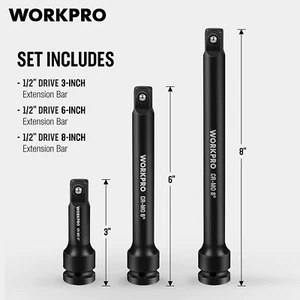 WORKPRO 3-Pack 1/2" Drive Impact Extension Bar Set 3" 6" 8" Socket Extension NEW - Picture 1 of 8