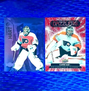 2023 Skybox Carter Hart Purple /199 #98 & 2022 Upper Deck Red Dazzlers #DZ-3 - Imagen 1 de 8