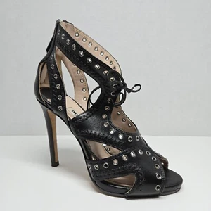 Miu Miu Grommet Leather Lace Up Bow Cut Out Caged Heels Sandals Sz EU 35 US 5 - Picture 1 of 12