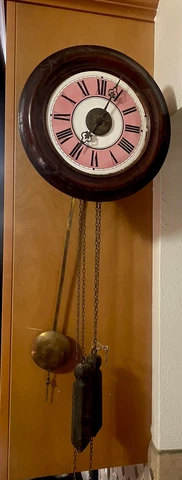 Antique German Black Forest Postman Wall Clock With Pink Dial Cover