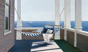 Striped Hammock by Zhen-Huan Lu Seaside Coastal Porch Art Print 32x19 Inches - Picture 1 of 1