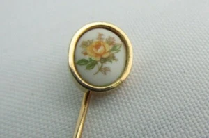 NEW Stick Pin Gold Tone w/Yellow Roses on White Porcelain Cravat Pin  - Picture 1 of 4