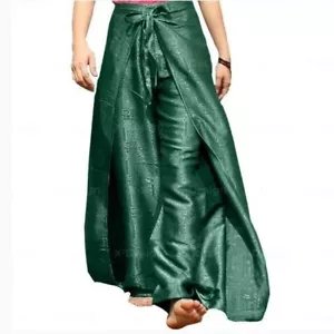 Women's Thai Silk Fisherman Pants Harem Palazzo Dark Green Hippie Boho Wrap Yoga - Picture 1 of 3