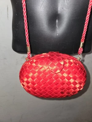 vintage, Whiting & Davis, Red Satin Woven Hard Shell Purse with Corded Strap - Image 1 of 4