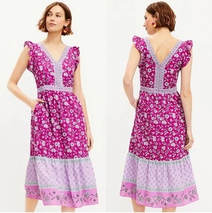Loft Floral Maxi Dress Womens Size 6 Purple Border Ruffle Midi Pocket - Picture 1 of 7
