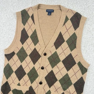 Lands End Vest Mens Large Brown Merino Wool Argyle Golf Preppy - Picture 1 of 7