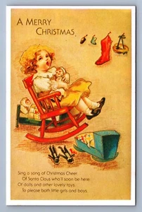 Cartolina Vintage Riproduzione Natale Vacanza Ragazza Sedia a dondolo Canzone - Foto 1 di 2