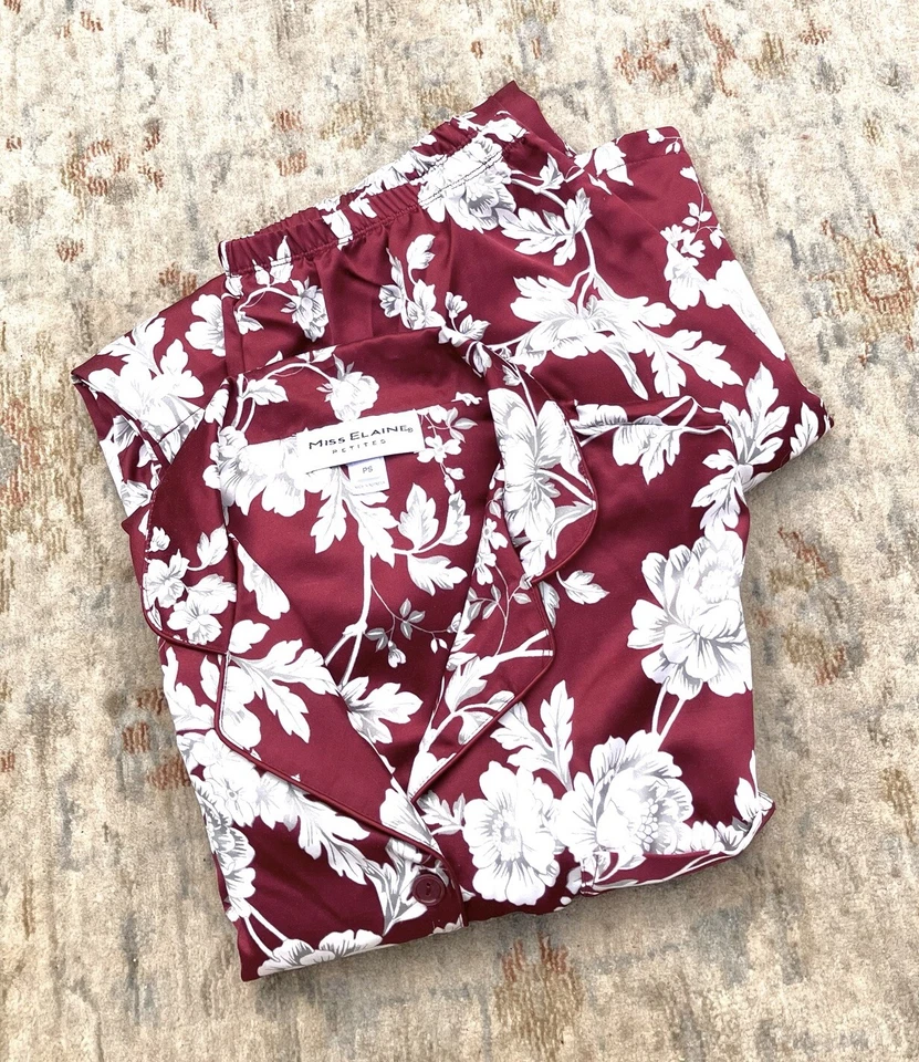 Miss Elaine Satin Burgundy Floral Pajama Set Sz PS - Image 1 of 4