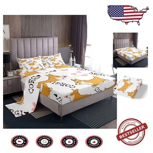 Vibrant Twin Sheet Set with Corgi and Animals - Soft Microfiber Bedding - Picture 1 of 6
