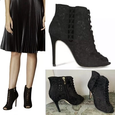 Karen Millen 38 8 7,5 ботинок кружевной каблук загрузки черный заглянуть носок $250 - Изображение 1 из 4