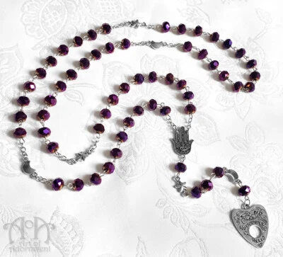 COLLAR COLGANTE ROSARIO OUIJA CRISTAL PÚRPURA Estrella de Plata Luna Hamsa Fátima Mano Foto 1 de 4