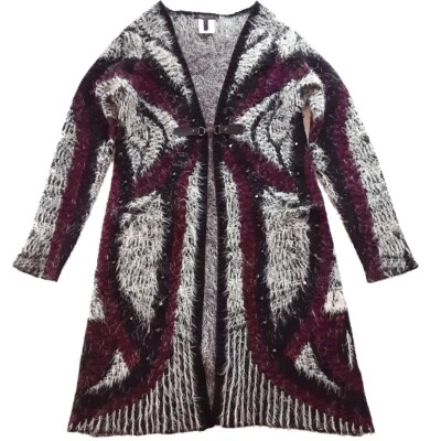 BCBGMAXAZRIA Size S, Long Black Wine Furry Knit Tribal Boho Long Sleeve Coatigan - Image 1 of 4