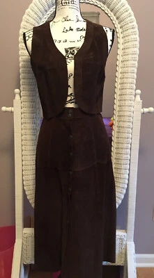 Falda De Colección Años 70 Marrón Gamuza Cuero Línea A Frente a Presión y Chaleco a Juego Talla 11/12 Foto 1 de 4