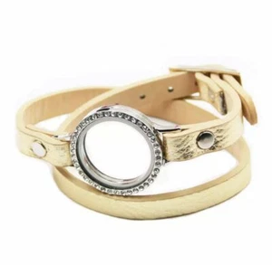 Pulsera de cuero medallón de cristal flotante con memoria de vida de doble correa de vidrio - Imagen 1 de 6